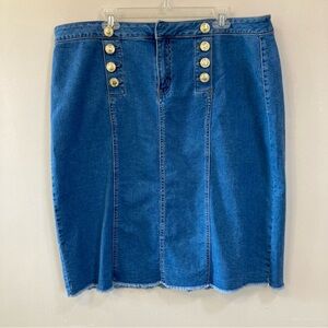 C Est. 1946 Denim Skirt Womens 18W Frayed Hem Gold Tone Buttons A-Line Stretch